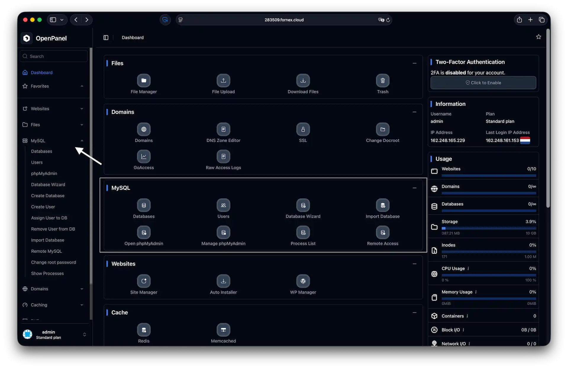 Managing MySQL databases in OpenPanel
