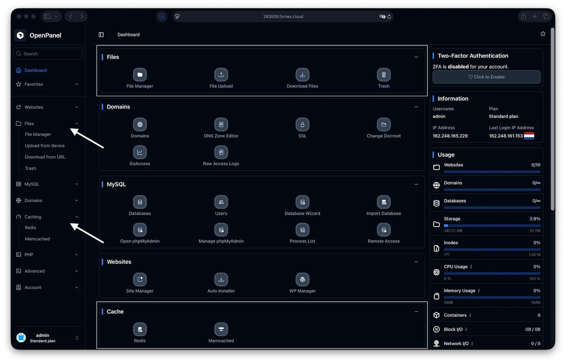 Files and caching in OpenPanel