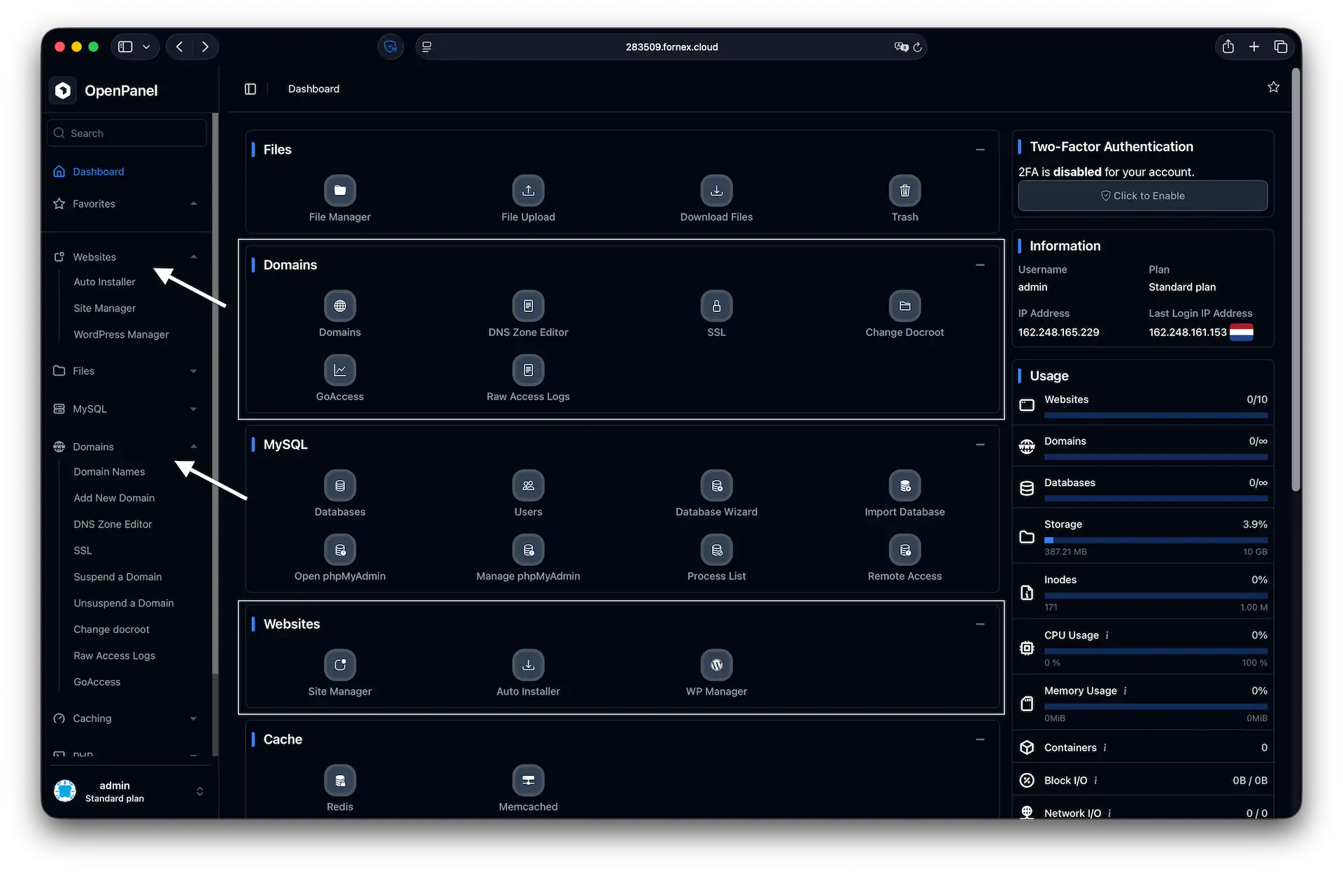 Domain and website management in OpenPanel