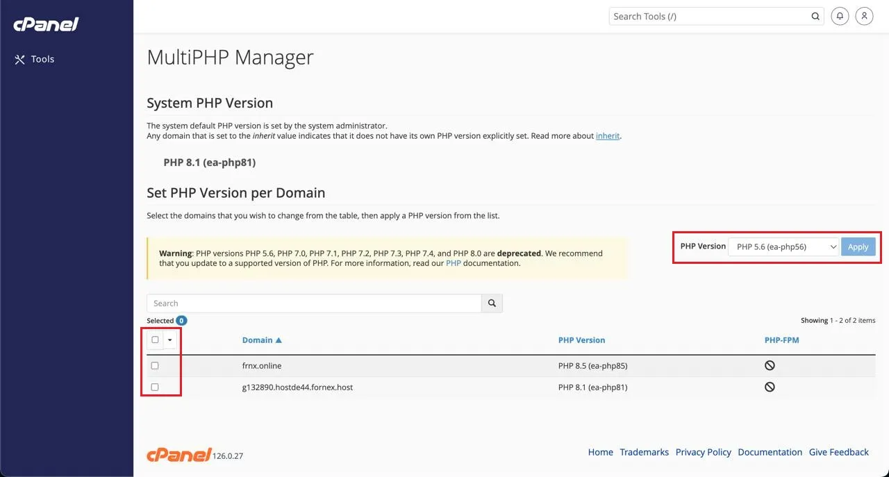 Selecting PHP version for a domain