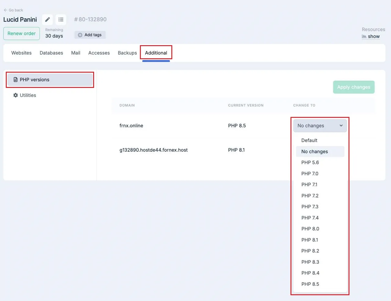 Changing PHP version from Fornex dashboard