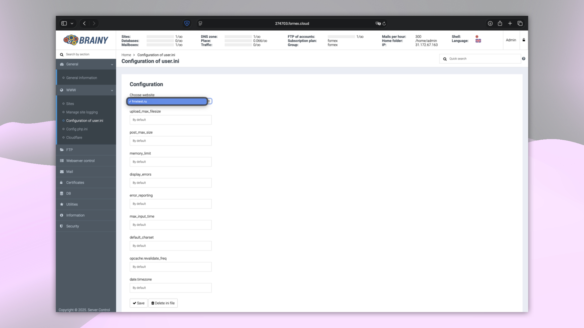 Editing user.ini in BrainyCP