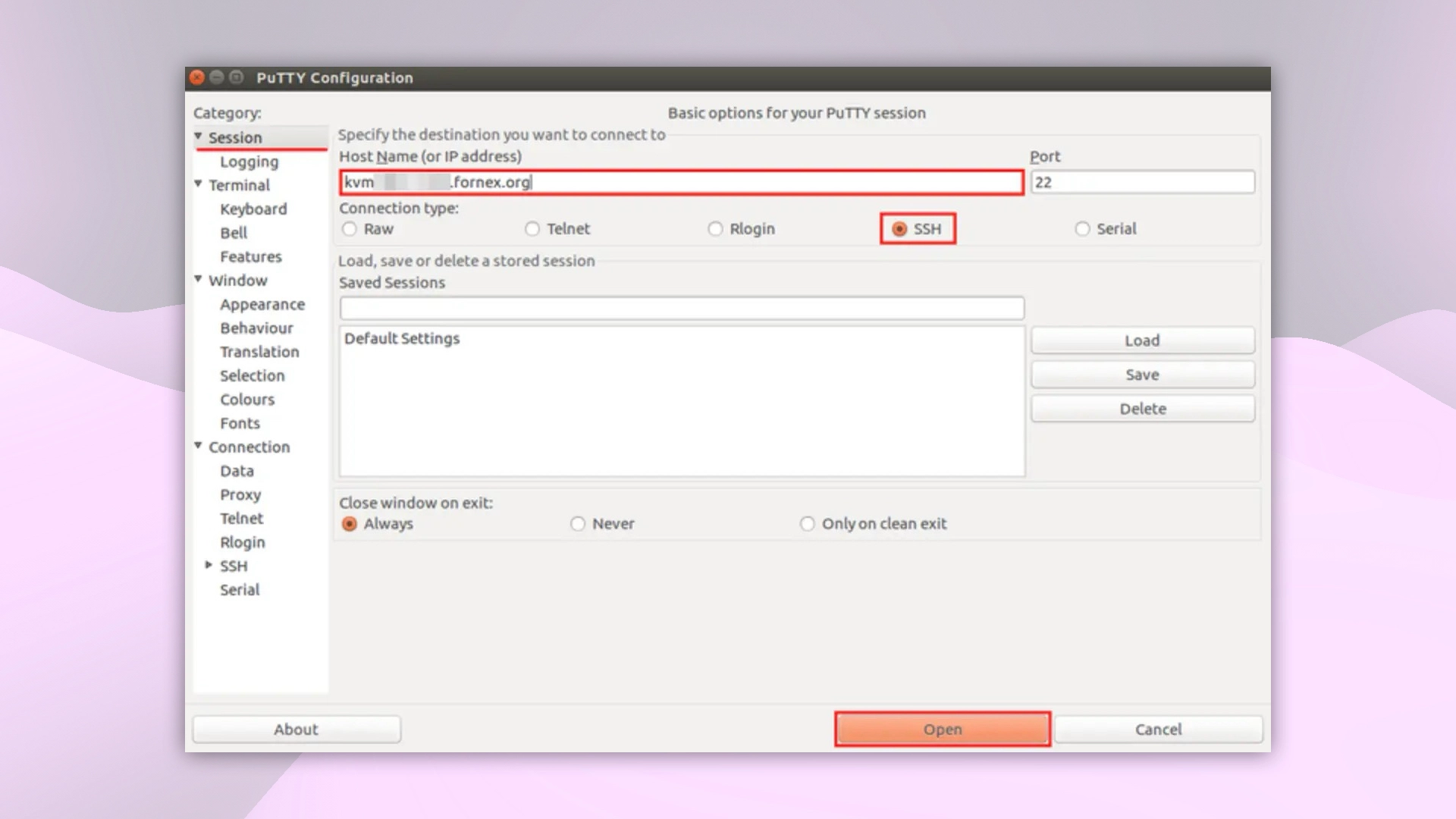 Основные настройки PuTTY
