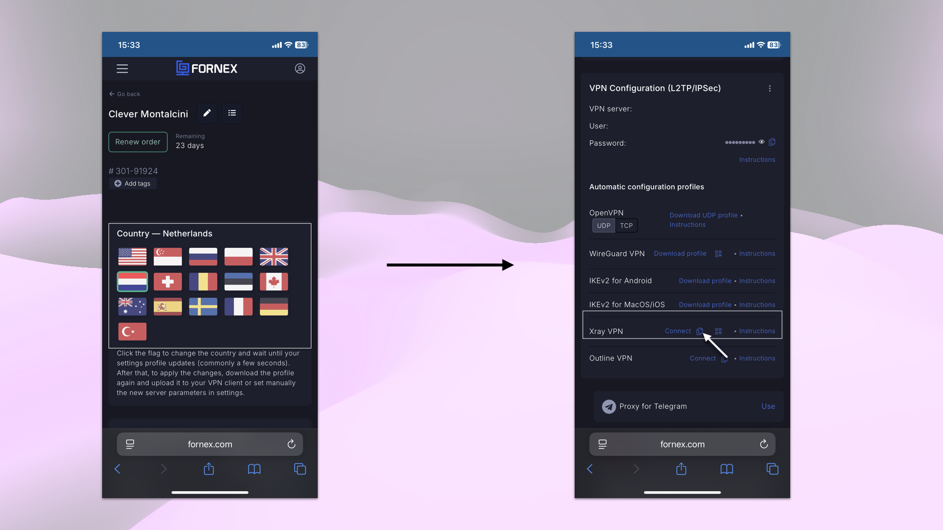 Choosing the connection country and VPN configuration option