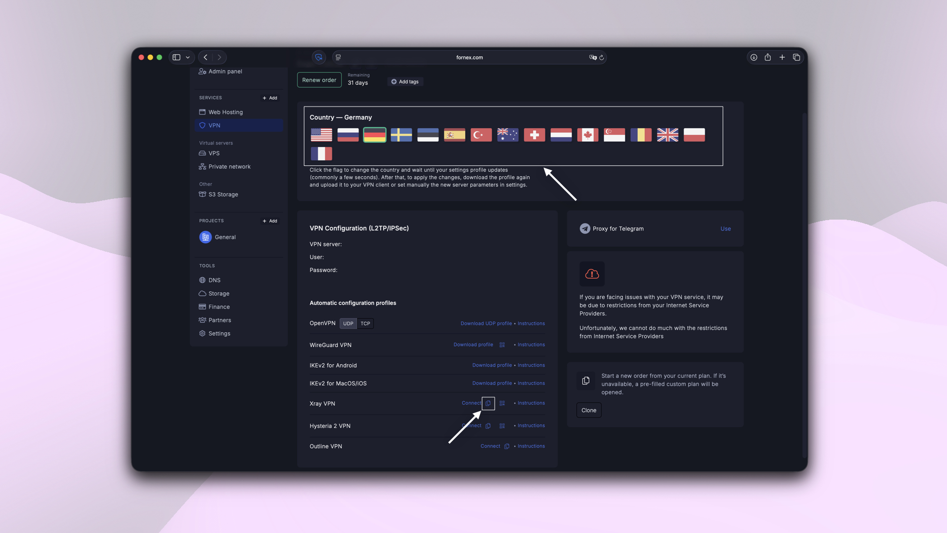 Choosing the connection country and VPN configuration option