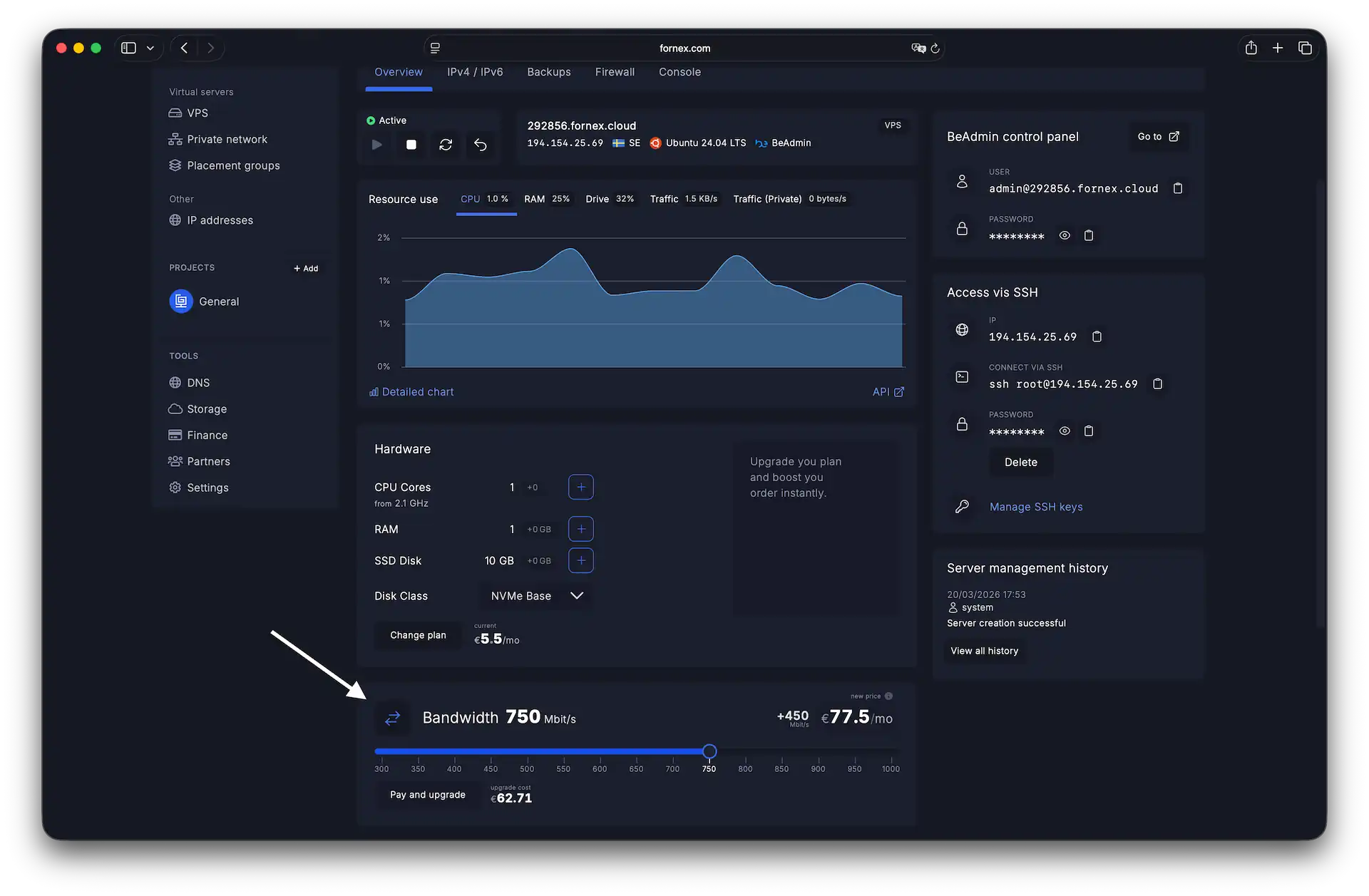 Upgrading speed on active server
